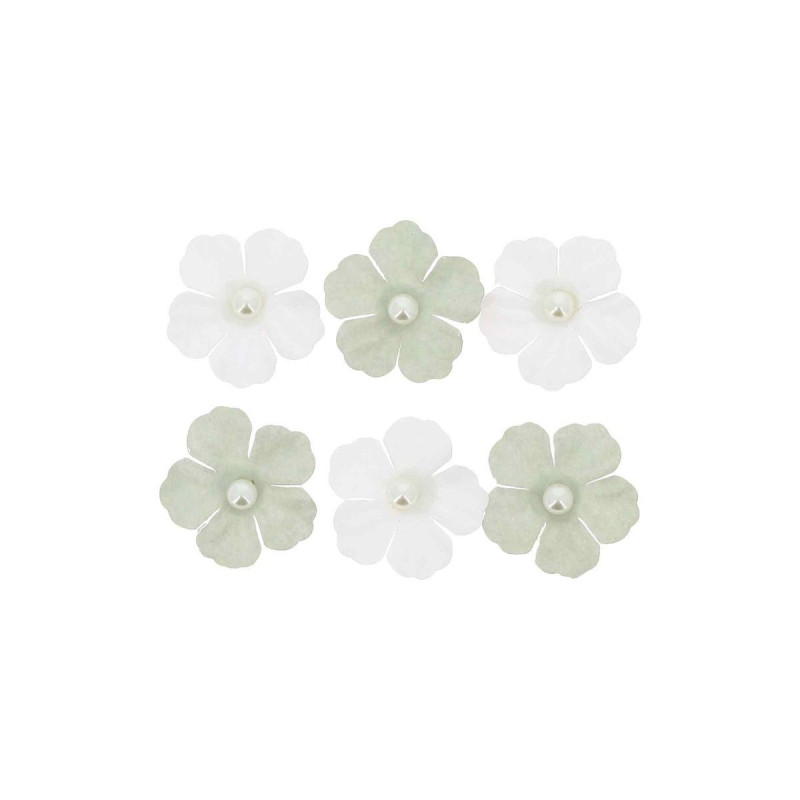 6 Fleurs Papier Vert de Gris et Perles N