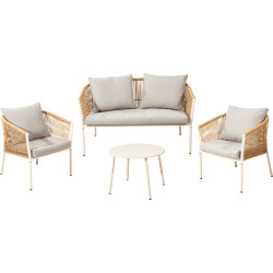 Salon de Jardin ELODIE 4 Places | Rotin PE Beige & Coussins Gris