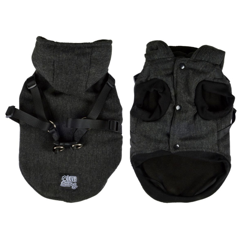 Manteau Chien Tweed Anthracite 45cm | Harnais Intégré & Polaire Manteau Chien Tweed Anthracite 45cm | Harnais Intégré & Polaire