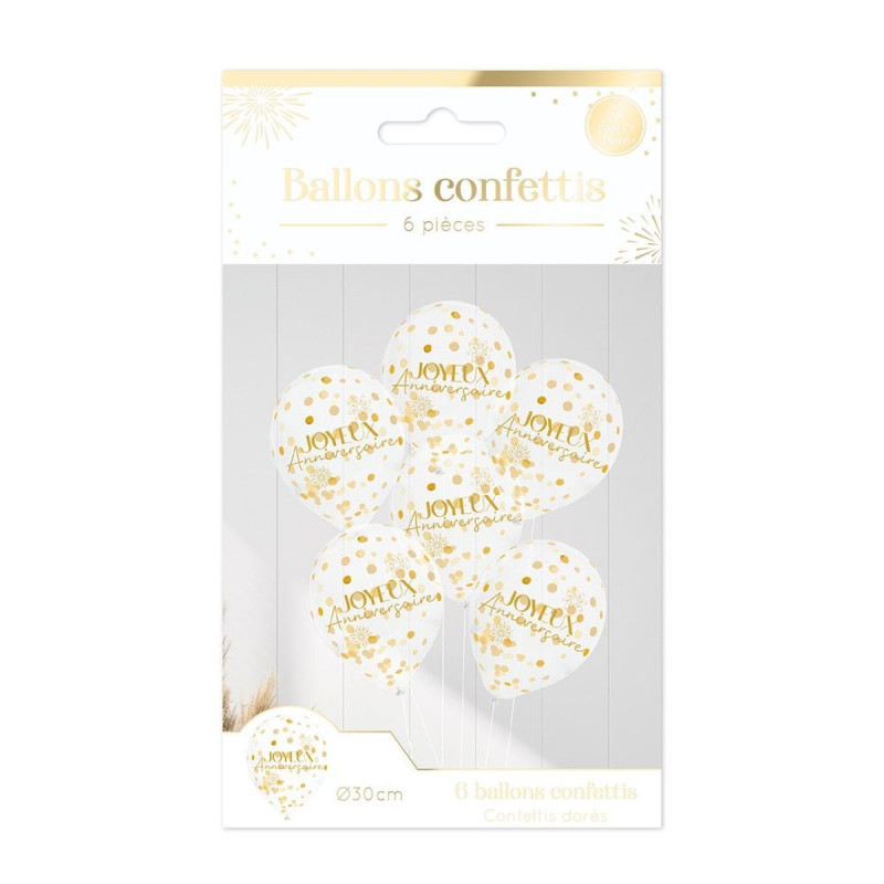Lot de 6 Ballons Confettis Dorés "Joyeux Anniversaire" | 30 cm Lot de 6 Ballons Confettis Dorés "Joyeux Anniversaire" | 30 cm