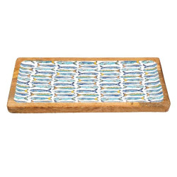 Plateau de Service en Manguier et Émail Motif Sardines 40x19 cm