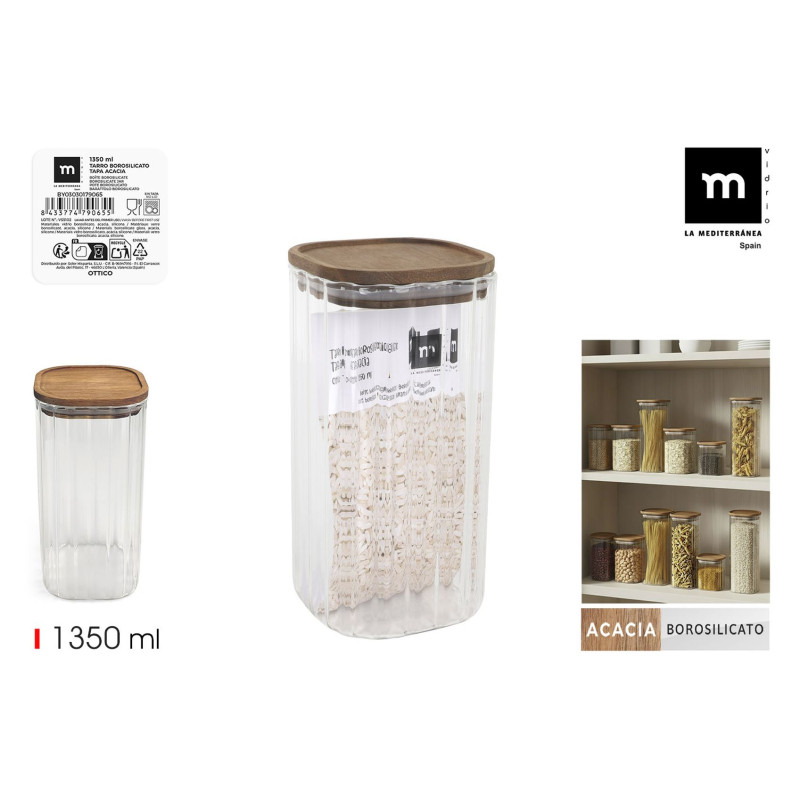 Pot Strié en Borosilicate 1350ml avec Couvercle Carré Acacia Pot Strié en Borosilicate 1350ml avec Couvercle Carré Acacia