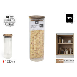 Pot Strié en Borosilicate 1320ml Couvercle Rond Acacia