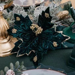 Fleur Poinsettia Velours Vert Sapin & Paillettes Or 26cm | Déco Chic
