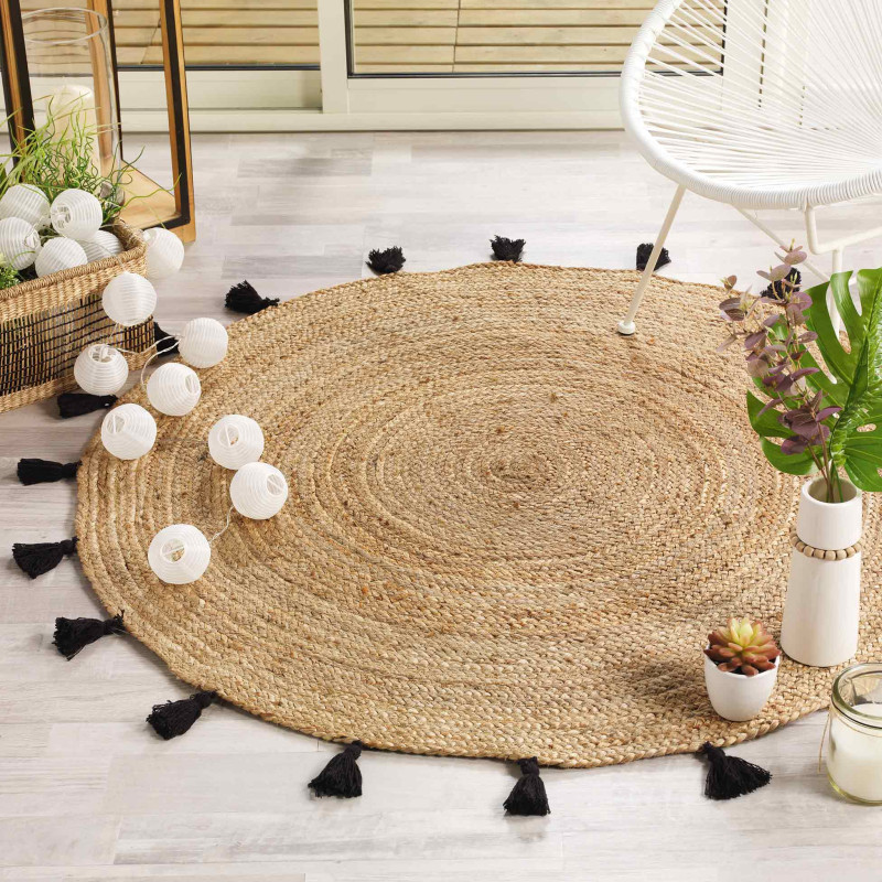 TAPIS SHIRA NOIR D120 CM JUTE UNI+POMPON